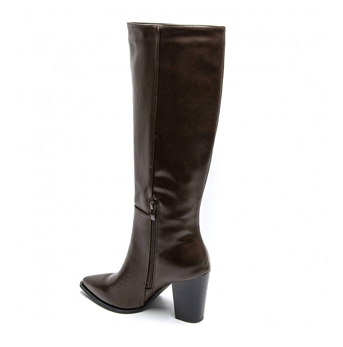 Bottes hautes à talons carrés en cuir marron - Shaya Boutique