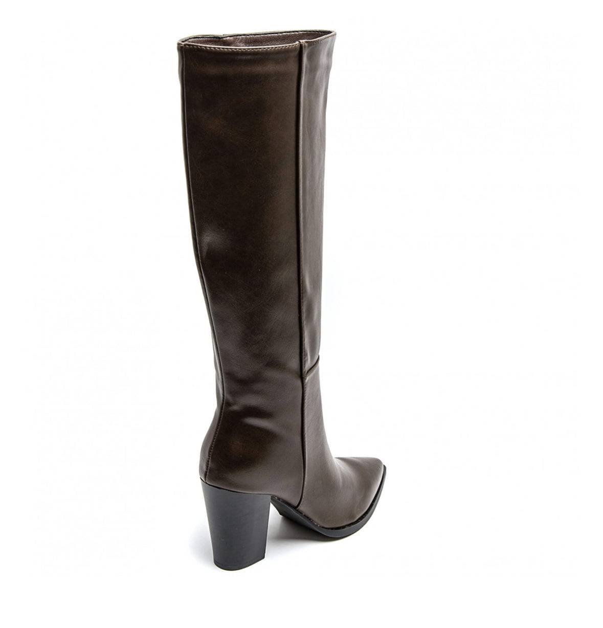 Bottes hautes à talons carrés en cuir marron - Shaya Boutique