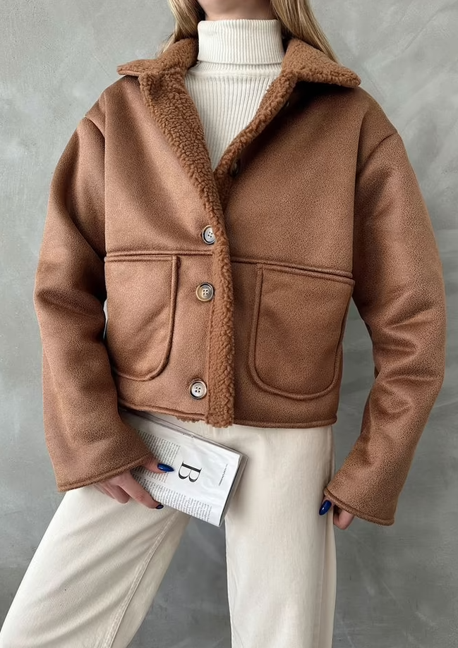 Manteau col en fourrure marron